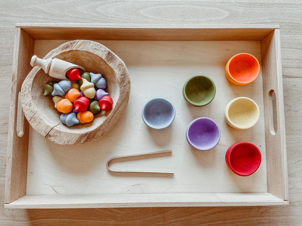 Houten eikeltjes met gekleurde houten potjes
