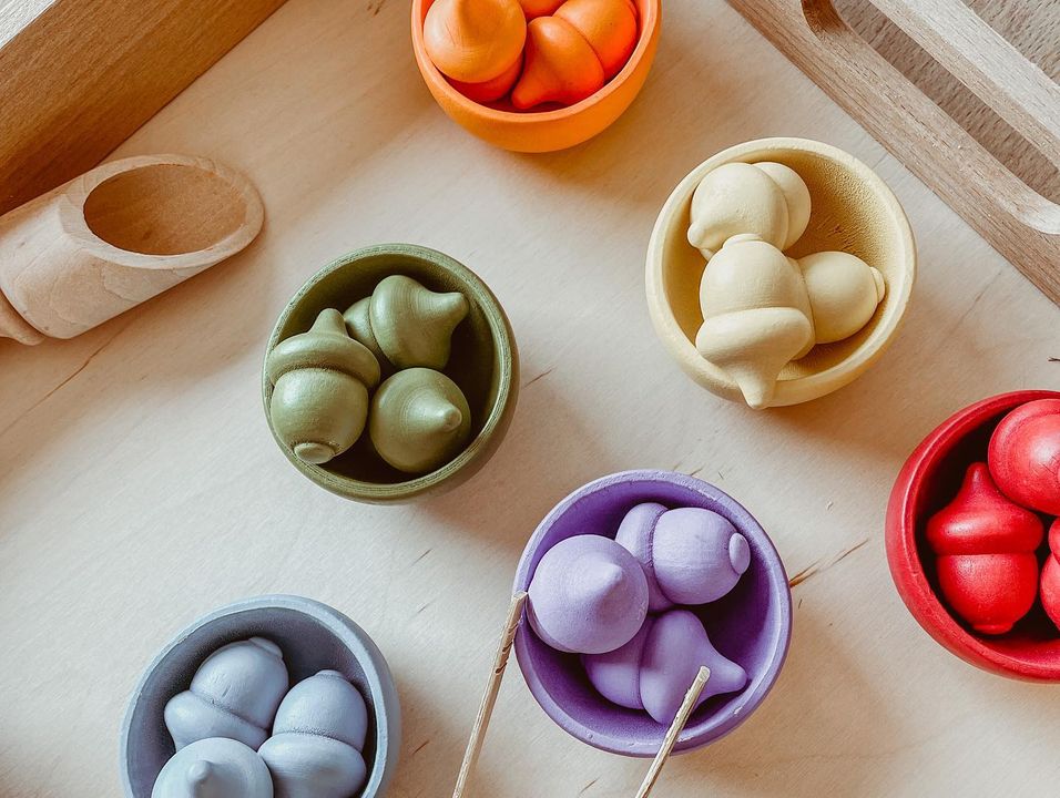 Houten eikeltjes  met gekleurde houten potjes