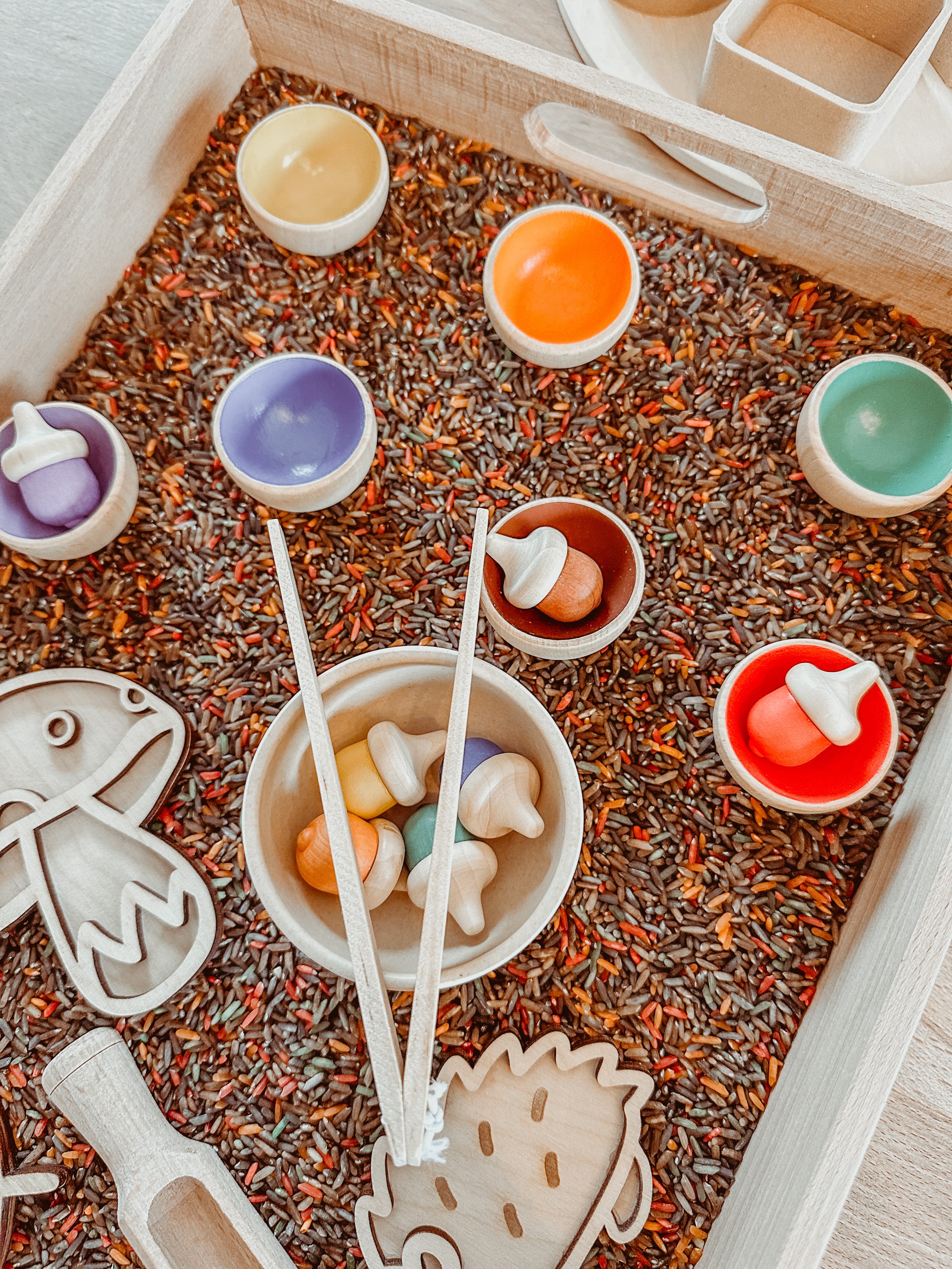 Houten gekleurde eikeltjes met balletjes
